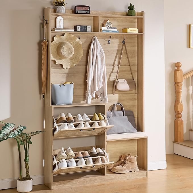 LEYAOYAO 78" Tall Boho Hall Tree with Bench & Shoe Storage, 4-in-1 Mudroom Rattan Coat Rack with 2 Flip Drawers & Cushioned Stool, Entryway Hall Tree Cabinet with 6 Hooks for Garage, Natural Oak