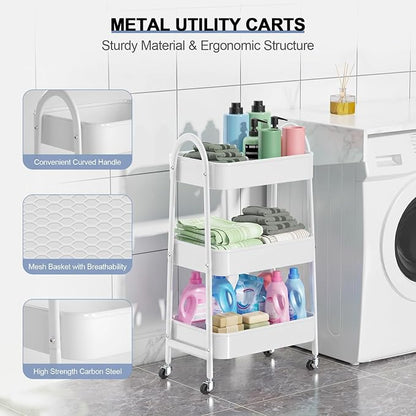 EAGMAK 3 Tier Utility Rolling Cart, Metal Storage Cart with Handle and Lockable Wheels, Multifunctional Storage Organizer Trolley with Mesh Baskets for Kitchen, Living Room, Office, Garage (White)