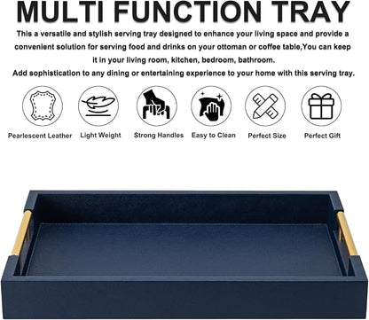 Navy Blue Faux Leather Serving Coffee Tray with Gold Handles,Rectangle Decorative Trays for Home Decor Large Ottoman Tray for Living Room