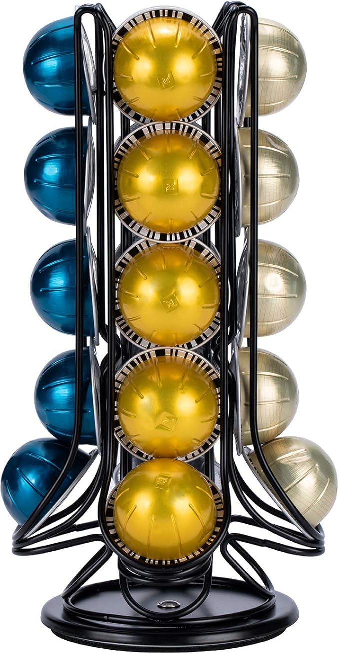 FlagShip Vertuo Pod Holder Coffee Pod Carousel Stand Storage for Nespresso Vertuoline, Small Size 360-Degree Rotation Wire Metal Black (20 Pods Capacity)