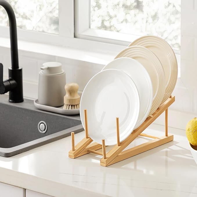 HBlife Bamboo Wooden Dish Drying Rack, 4 PCS Plate/Dish/Book/File/Bowl/Cup/Cutting Board/Pot Lid Organizer for Kitchen Counter, Office, Display Cabinet