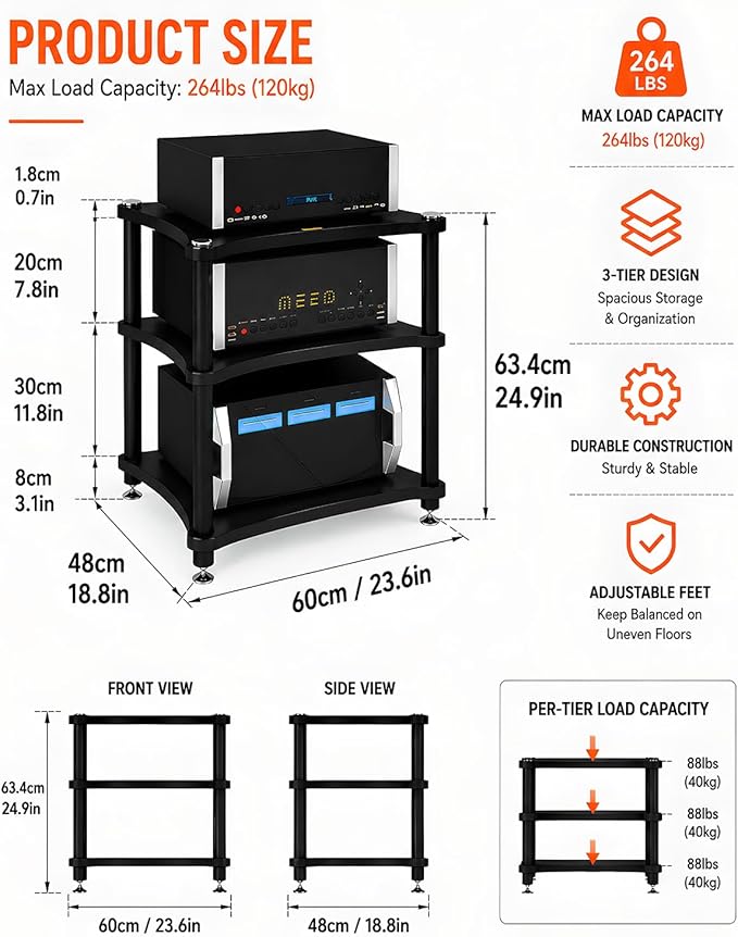 Heavy Duty Audio Component Rack, Large Storage Space AV Media Stand with Shock-Absorbing Foot pegs, Audio Rack Tower CD Player Stand for Home/Office/Audio Video/Theate (Black, 3rd)