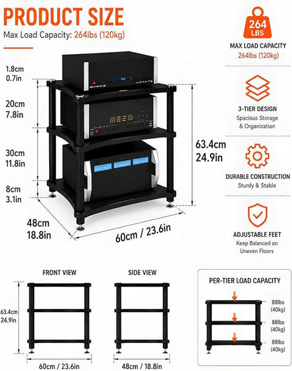 Heavy Duty Audio Component Rack, Large Storage Space AV Media Stand with Shock-Absorbing Foot pegs, Audio Rack Tower CD Player Stand for Home/Office/Audio Video/Theate (Black, 3rd)