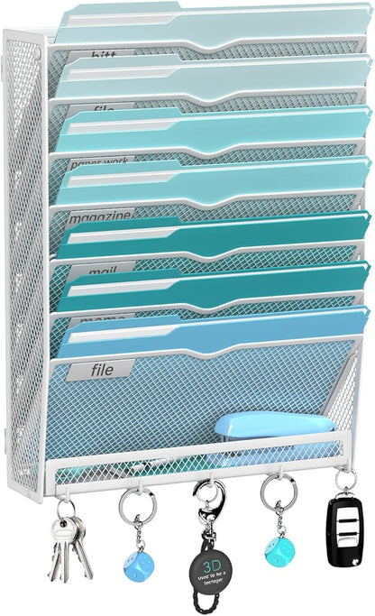 8-Tier Hanging Wall File Organizer with 5 Hooks, Mesh Wall File Holder Vertical Mount Mail Organizer for Papers, Folders, Magazines, Bills, Office and School, White