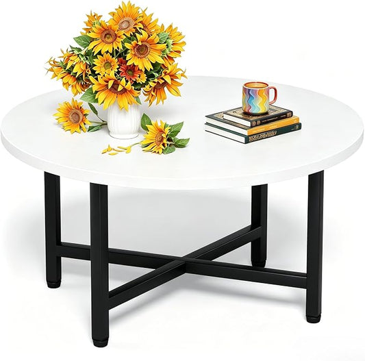 Coffee Table, 23.6" Small Coffee Tables, Gray Round Coffee Tables for Living Room, Floor Table for Sitting on The Floor, Center Coffee Table with Metal Frame for Office Apartment Home, White
