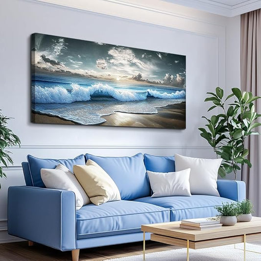 MHARTK66 Blue Ocean Canvas Wall Art Large Paintings For Living Room Landscape Nature Artwork For Walls Wall Decor For Bedroom Beach Pictures Wall Art Modern Office Waves Poster Decorations 24x48