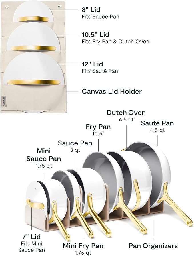 Caraway 24-Piece Nonstick Ceramic Cookware Set - Includes Fry Pans, Sauce, Sauté Pan, Dutch Oven, Petite Cooker, Stir Fry, Rondeau, Stock Pot, Lids & Storage Organizers - White