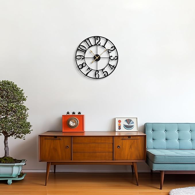 LEIKE Large Wall Clocks,Silent,Non Ticking,Battery Operated Small Vintage Round Modern Metal Wall Clock for Living Room, Bedroom,Kitchen,Farmhouse,Office Decor-13.5 Inch(Black-Arabic Number)
