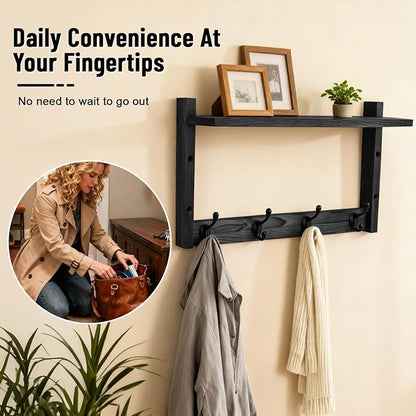 28" Coat Rack Wall Mount with Shelf, Entryway Key Holder Wall Mount Wood Wall Coat Hooks with 7 Hooks 3 Key Hanger, Wall Mounted Coat Rack Mail Holder for Living Room, Bedroom