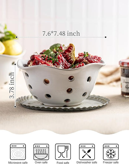 Gomakren Fruit Basket Set of 2, Ceramic Fruit Bowl Berry Basket with Holes, 7.6 Inch Fruit Containers Colander for Fridge - Farmhouse Kitchen Decor, White