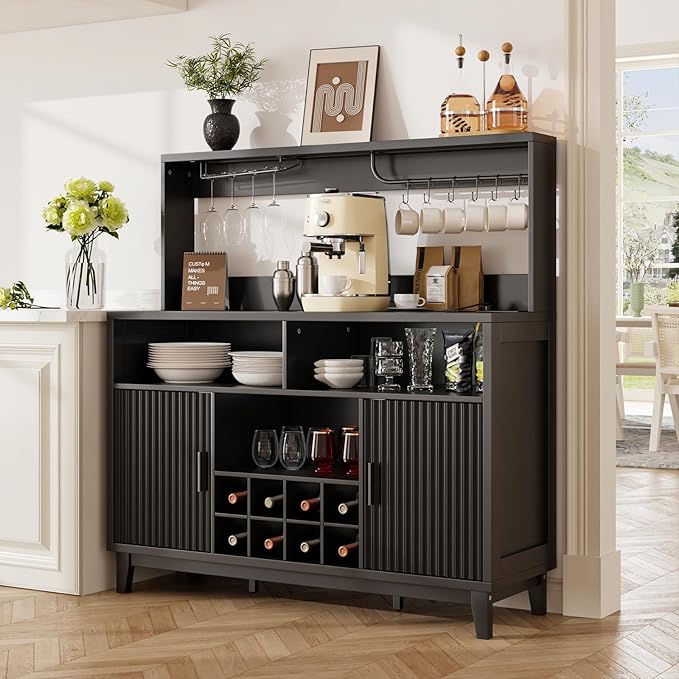 Fluted Buffet Cabinet with Storage, Modern Coffee Bar Cabinet with Outlet, Removable Wine Rack, Multi-Functional Accent Liquor Cabinet for Living Room, Entryway, Kitchen, Black