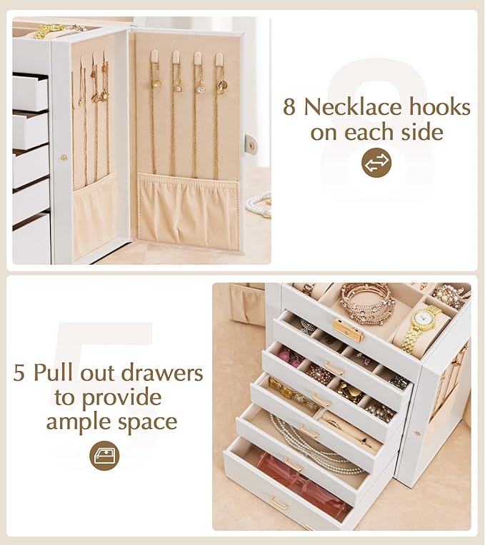 Homde Jewelry Box Large for Women: 6 Layers 5 Drawers Organizer with Mirror for Ring Earring Necklace - Storage Holder with Lock for Dresser (White) - Christmas Gifts