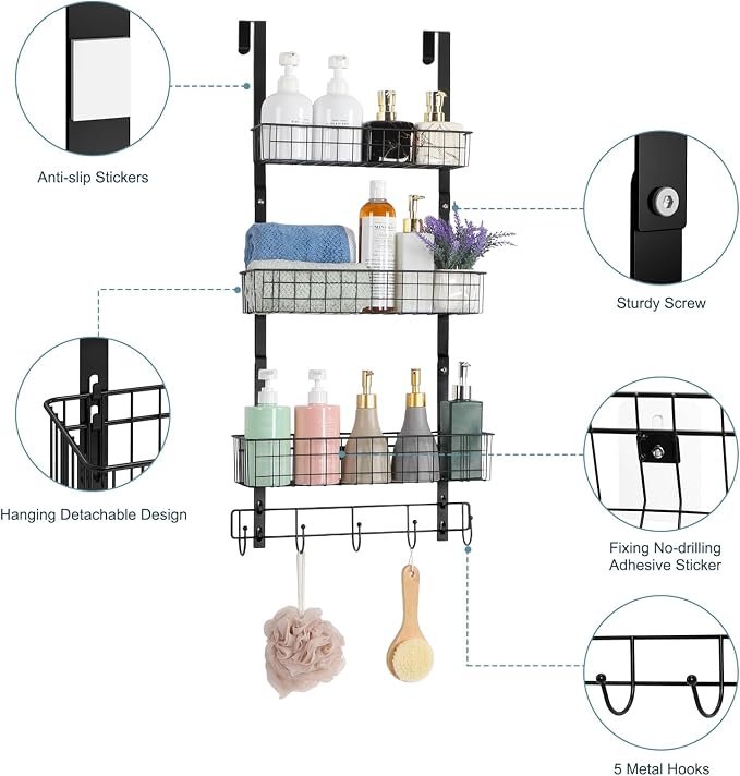 Over the Door Pantry Organizer 3 Tier Hanging Basket Back Door Storage Rack Shelf Metal Over the Door Shelves with 3 Baskets and 5 Hooks for Bathroom Kitchen Pantry Bedroom, Black