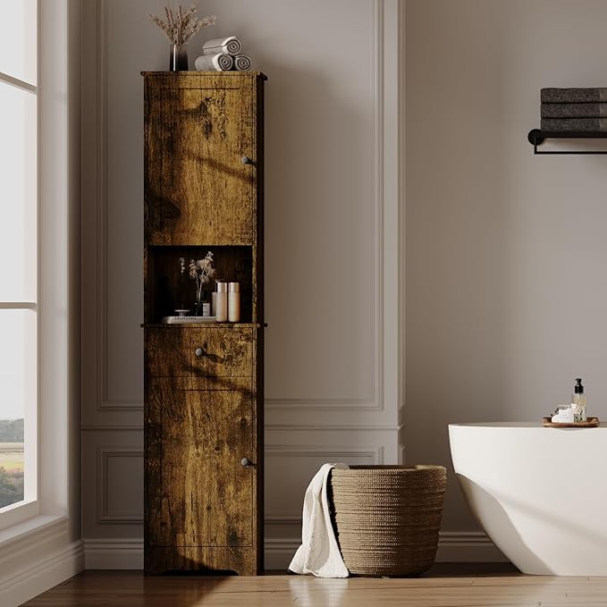 Tall Bathroom Cabinet, Storage Cabinet with 2 Doors & 2Drawer, with Ajustable Shelve, for Bathrooms, Kitchens,Entrances,Bedrooms（Retro Color）
