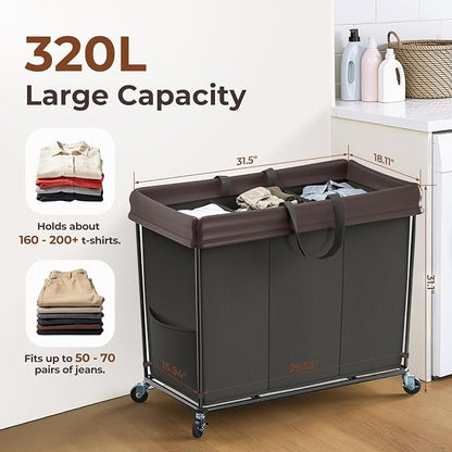 Mefirt 320L Laundry Hamper with Wheels, 3 Section Large Rolling Laundry Basket Bag with Wheels, Clothes Hamper Cart for Laundry, Bedroom, Bathroom and Dorm