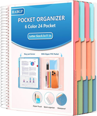 HABGP 24 Pocket Plastic folders with Pockets, 6 Colors Multi Pocket 12 Folder Binder Dividers, Multi-Subject Project Organizer for Office, School Supplies, Letter Size