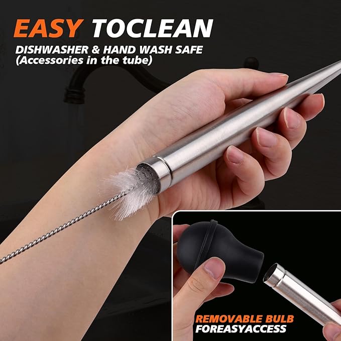 Turkey Baster Syringe for Cooking - Large Food-Grade Turkey Baster with Silicone Bulb, 2 Marinade Injector Needles, and Cleaning Brush - Turkey Baster for Juicy Roasts, BBQ, and Home Baking