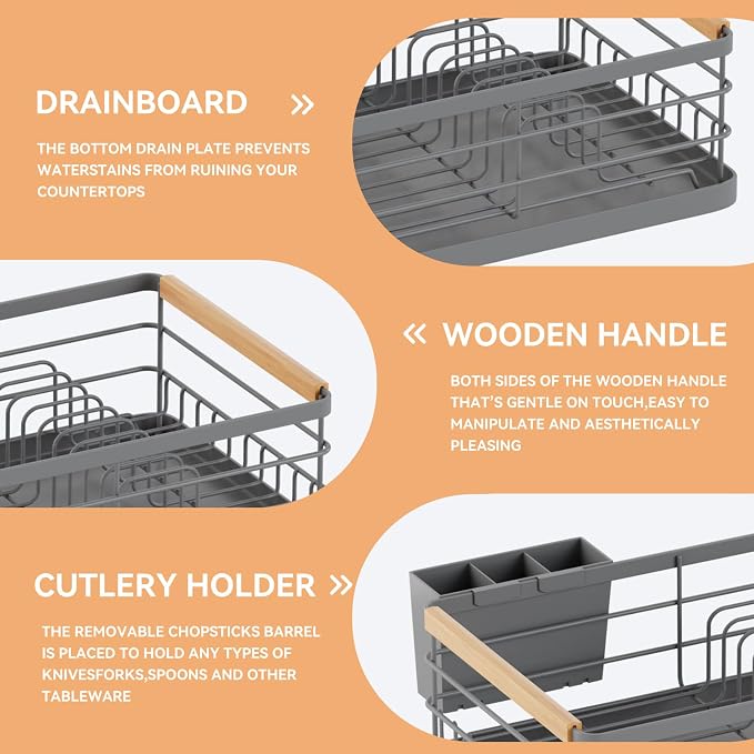 BRIAN & DANY Dish Drying Rack, Dish Racks for Kitchen Counter, Stainless Steel Dish Drainer with Removable Cutlery Holder & Drainboard, Grey