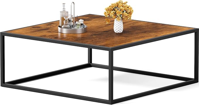 31.5" Square Coffee Table, Mid-Century Modern Brown Center Table for Living Room, Floor Table for Sitting on The Floor, Wood Cocktail Tea Contemporary Tables with Metal Frame for Office Apartment Home