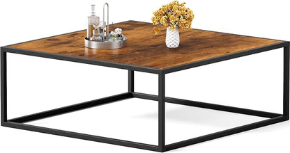 31.5" Square Coffee Table, Mid-Century Modern Brown Center Table for Living Room, Floor Table for Sitting on The Floor, Wood Cocktail Tea Contemporary Tables with Metal Frame for Office Apartment Home