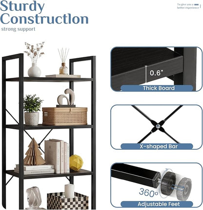 DUMOS 4 Tiers Bookshelf, Classical Book Shelf, Tall Display Shelves in Living Room/Home/Office, Storage Organizer for CDs/Books/Movies, Black