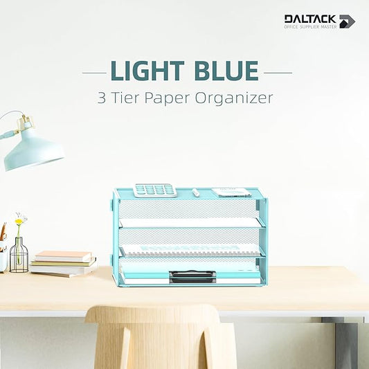 DALTACK 3 Tier Letter Tray Paper Organizer for Desk, Mesh Metal Desk File Organizer with Sliding Trays for Letter/A4 Paper, Mail, Bills & Folders, Blue