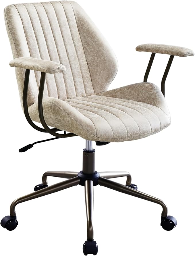 ovios Home Office Chair, Mid-Century Modern Faux Suede Leather Ergonomic Chairs, Mid Back Comfy Computer Swivel Rolling Task Executive Armchair, Beige