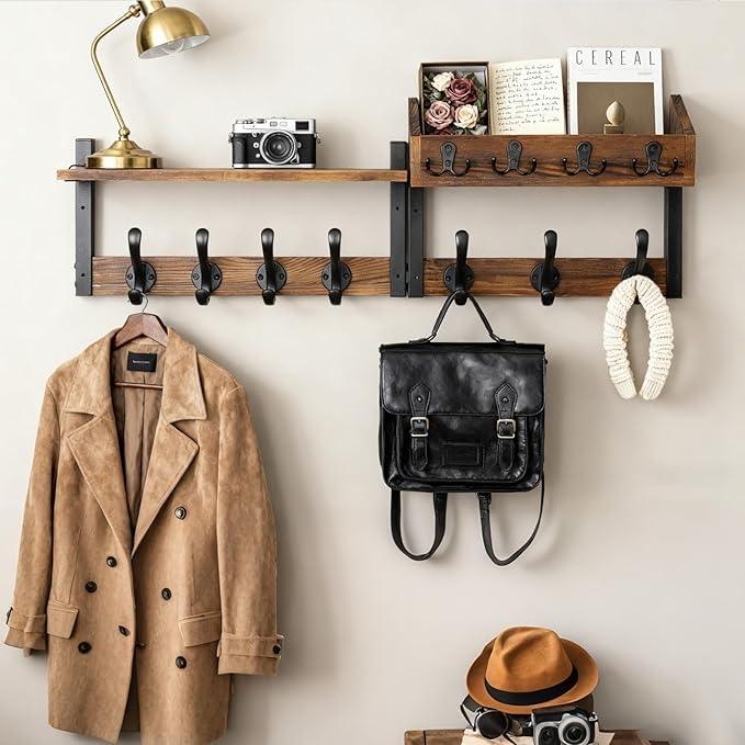 ZOCONE 29" Wood Coat Rack Wall Mount with Shelf, Separable Coat and Key Holder Wall Mount, Entryway Coat Rack with Carbon Steel Fixing Rod for Greater Load-Bearing and Stability, Living Room,Bedroom