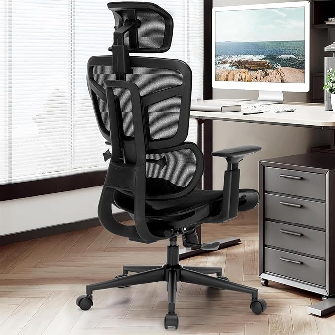 Ergonomic Office Chair, Desk Chair with Adjustable Height, Lumbar Support, High Back Mesh Computer Chairs with Flip up Armrests Support Home Gmaing Desk Chair, 360°Swivel, Tilt Lock and Wide Cushion