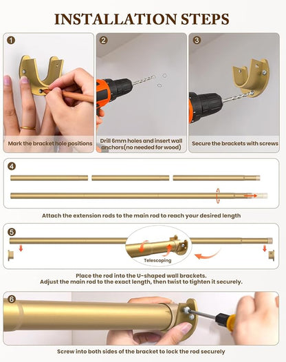 Heavy Duty Closet Rod, 17-69 IN Closet Rods for Hanging Clothes, Gold | Stepless Adjustable, Supports up to 66 lbs, Multiple Size Options, Easy Installation, Multi Purpose , Wall-Mounted