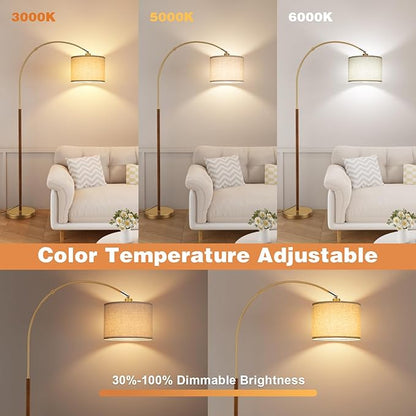 Ambimall Dimmable Arc Floor Lamp with Remote, Color Temperatures and Brightness Adjustable, Arched Floor Lamp with Rotating Head, Over Couch Arched Reading Light for Living Room (Gold and Wood Grain)