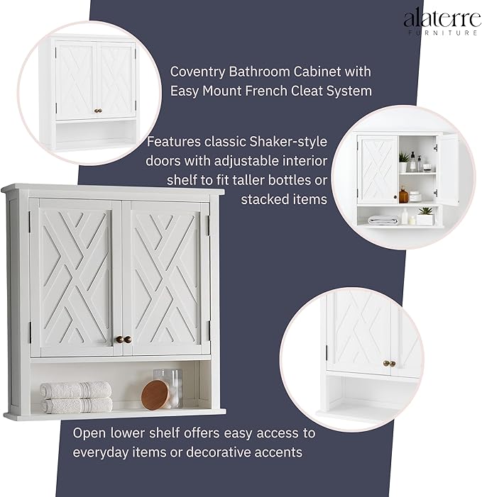 Alaterre Furniture Coventry 27W x 29H Wall Moted Bath Storage Cabinet with Two Doors and Open Shelf