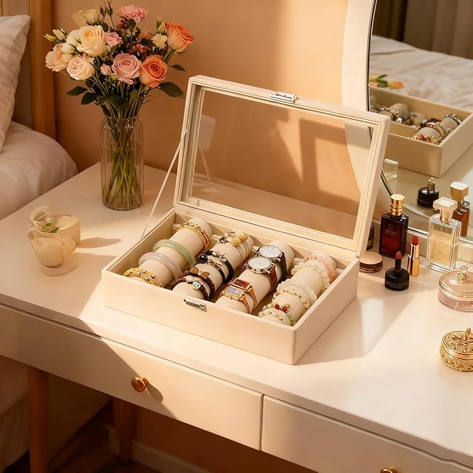 Bracelets Organizer Rods Bangles Display Holder, Clear See through Lid Leather Velvet Jewelry Storage Box Case for Women, 4 Rods Apricot Leather