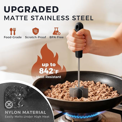304 Stainless Steel Meat Chopper & Masher, Coinicxcel 10 Inch Heat Resistant Ground Beef Chopper Tool with 6 Curve Blades & Ergonomic Non-Slip Handle, Heavy-Duty Hamburger Smasher Tool Dishwasher Safe