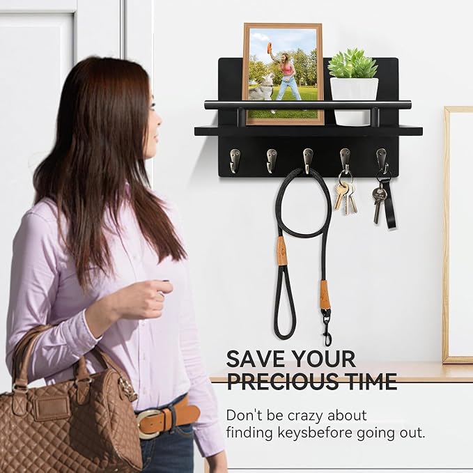 Key Holder Wall Mount, Decorative Key Rack with Shelf & 5 Sturdy Hooks, Rustic Key Hooks for Wall for Mail Organizer Hanging Dog Leash, Glasses, Wooden Key Hanger with Mounting Hardware