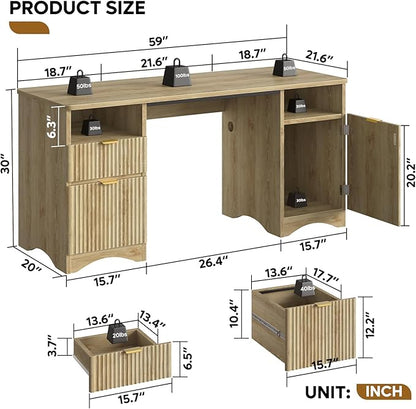 Bestier Computer Desk with 2 Drawer, 59 inch Office Desk with Storage Cabinet & 2 Open Storage, Fluted Executive Desk for Home Office & Studio, Brown Oak