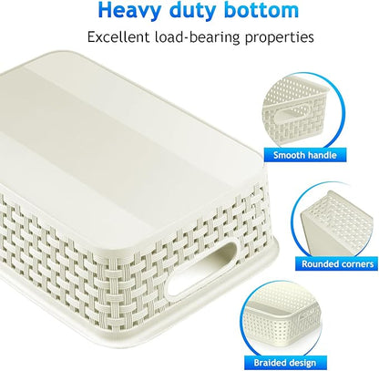 White Plastic Basket, 8 Pack Home Organization and Storage Baskets with Handles, Space Saving Woven Organizer Bins Plastic Storage Basket for Organizing Cabinets,Closets, Shelves, Countertops