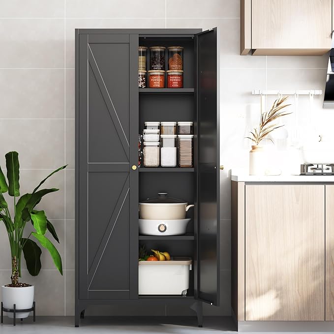 65"Tall Kitchen Pantry Storage Cabinet,Black Metal Storage Cabinets with Doors and Adjustable Shelves,5 Tier Freestanding Kitchen Cupboard for Dining Room Office Bathroom (Black, 65"H x 13"D x 27"W)