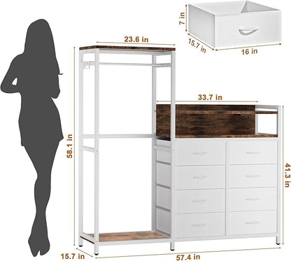 58" H Dresser with Hanging Rack,8 Fabric Drawers, Large Capacity Storage Organizer with USB Charging Station & LED Lights& Hooks for Bedroom Dorm Room Apartment,White
