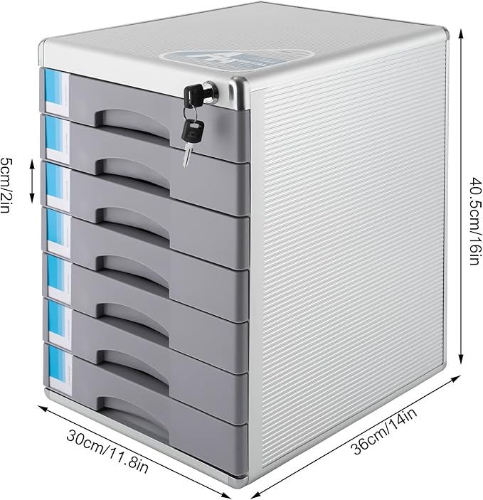 Desk Organizer with 7 Drawers, Metal Desktop Storage Cabinet File Holder with Locks and Keys, Filing Case Literature Organizer for Office Home, L11.8*D14*H16in, Silver & Grey