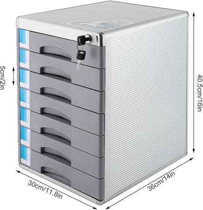 Desk Organizer with 7 Drawers, Metal Desktop Storage Cabinet File Holder with Locks and Keys, Filing Case Literature Organizer for Office Home, L11.8*D14*H16in, Silver & Grey