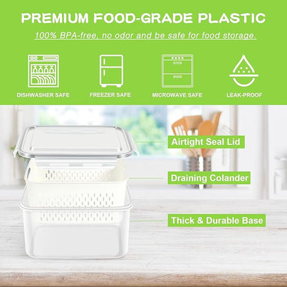 TBMax Fruit Storage Containers for Fridge Organizers and Storage, 4 Pack Large Produce Saver with Airtight Lid & Colander for Berry Lettuce Salad Vegetable Storage, Refrigerator Organizers