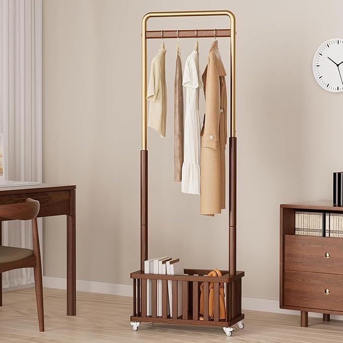 Clothes Rack Solid Wood Coat Rack, Metal and Solid Wood Combination Clothing Rack with Wheels for Entryway, Bedroom, Living Room, Coat Racks Freestanding for Hanging Clothes Garment Scarf
