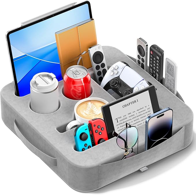 Couch Cup Holder Tray, Couch Caddy for Drink, Snack, Phone, Remote, Ipad, Game Controller, Large-size Sofa Cup Holder for Bed, Sofa, Car, Desk, Gray