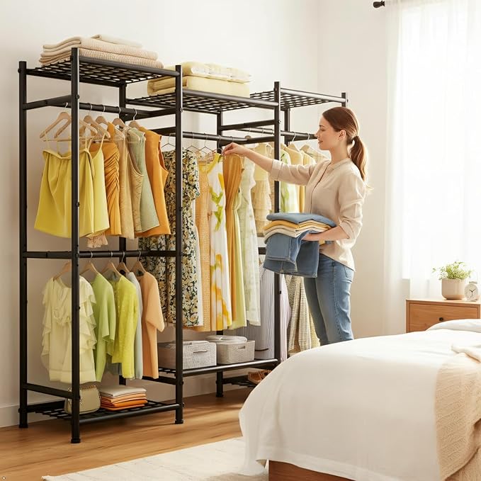 Raybee Portable Closet,Clothes Rack with 5 Hang Rods & 6 Shelves,Clothing Racks for Hanging Clothes,Metal Garment Rack for Bedroom,Large Capacity,Adjustable,Stury 66.5" Wx15.75 Dx74.8 H Black
