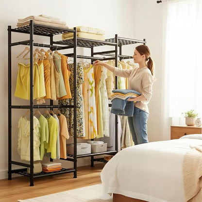 Raybee Portable Closet,Clothes Rack with 5 Hang Rods & 6 Shelves,Clothing Racks for Hanging Clothes,Metal Garment Rack for Bedroom,Large Capacity,Adjustable,Stury 66.5" Wx15.75 Dx74.8 H Black