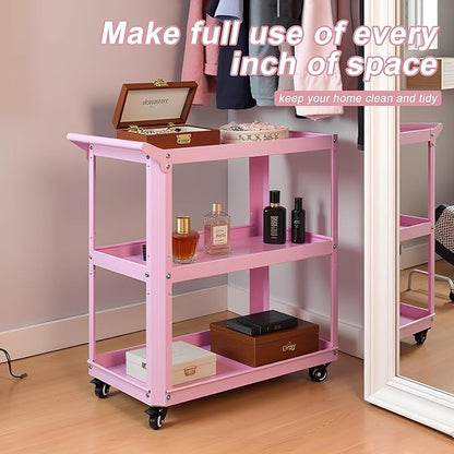 XCX 3 Tier Metal Utility Rolling Cart with Wheels, Heavy Duty Storage Organizer Trolley Cart for Kitchen, Bathroom, Office, Bedroom – Multi-Purpose 330Lbs Capacity Utility Cart on Wheels, Pink