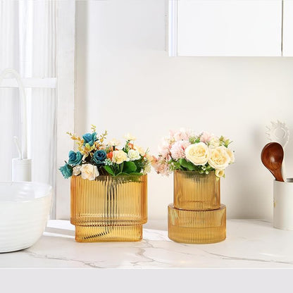 Amber Glass Vases, Set of 2 Ribbed Vases for Flowers, Amber Vase for Tulips, Modern Glass Vase for Living Room, Dining Table, Office, Entryway, Mantle, Bookshelf, Wedding Gifts