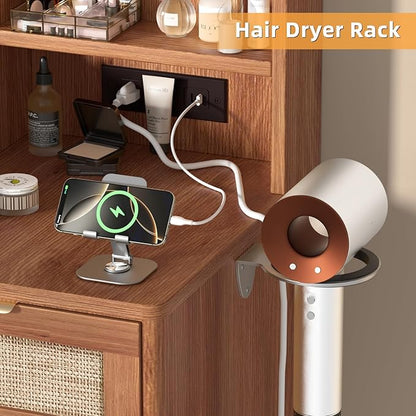 LEYAOYAO Rattan Vanity Desk with Mirror and Lights, 43.5'' Boho Makeup Vanity with 6 Drawers and Adjustable Shelves, Brown Make Up Vanity Dressing Table with Glass Top and Power Outlet for Bedroom