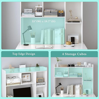 Wooden Desktop Hutch Bookshelf - Free Standing Desk Storage Shelf with Top Edge for Computer Desk, Desktop Bookcase for Dorm, Home or Office, Countertop Organizer, White, 45.3"